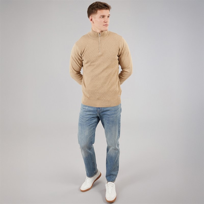 THREADBARE Mens Whitney 1/4 Zip Jumper Taupe - Image 4