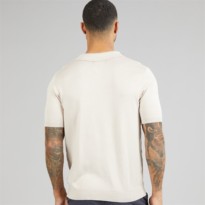 THREADBARE Mens Kelso Knitted Zip Polo Shirt Light Taupe - Image 2