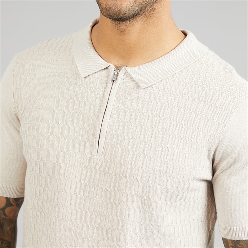 THREADBARE Mens Kelso Knitted Zip Polo Shirt Light Taupe - Image 3
