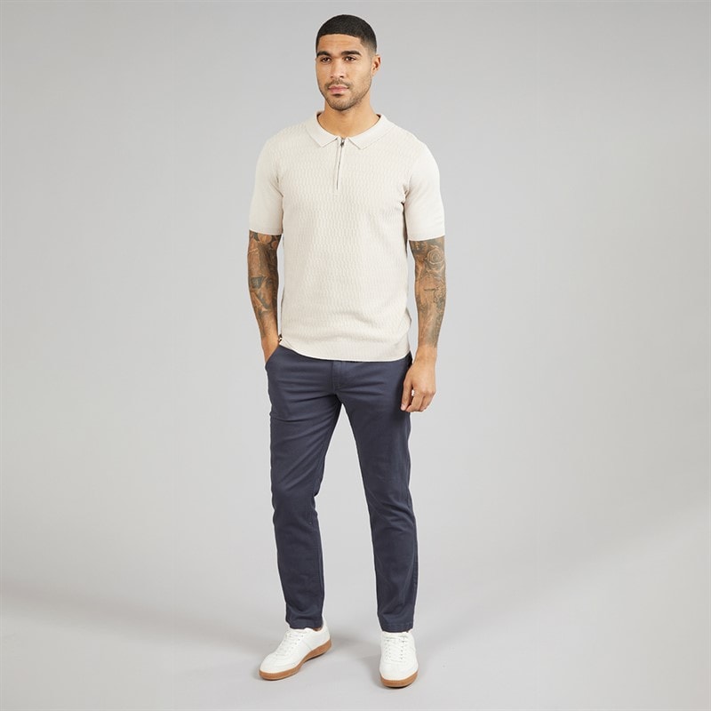 THREADBARE Mens Kelso Knitted Zip Polo Shirt Light Taupe - Image 4