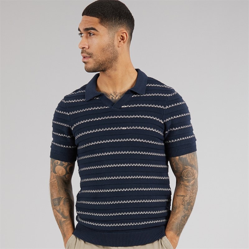 THREADBARE Mens Knitted Trophy Polo Shirt Navy/Stone