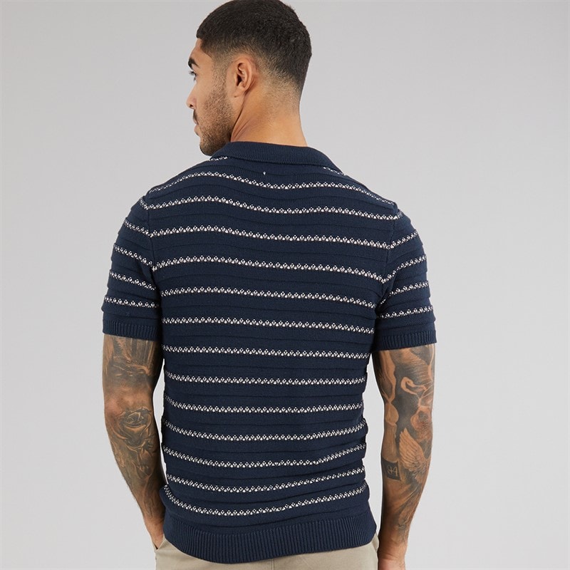 THREADBARE Mens Knitted Trophy Polo Shirt Navy/Stone - Image 2