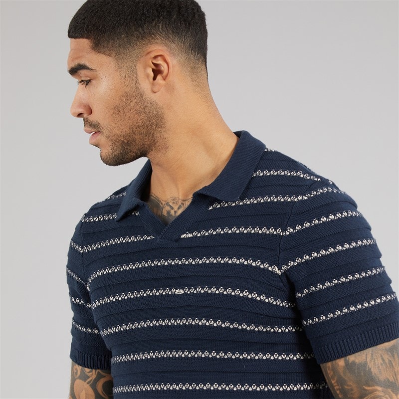 THREADBARE Mens Knitted Trophy Polo Shirt Navy/Stone - Image 3