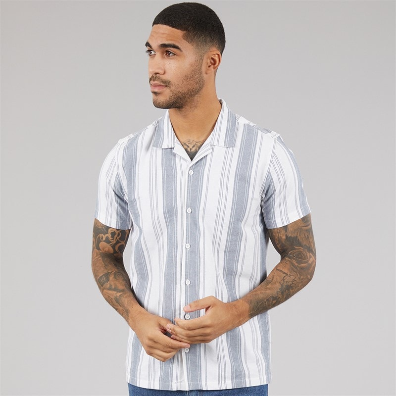 THREADBARE Mens Mattie Short Sleeve Shirt Ecru/Denim