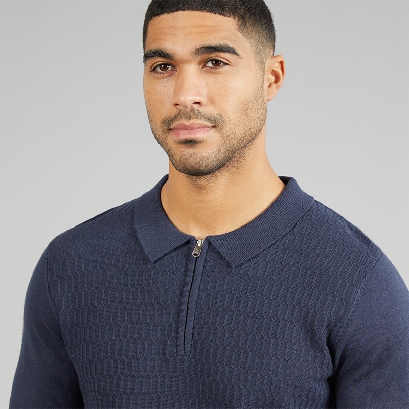 THREADBARE Mens Kelso Knitted Zip Polo Shirt Navy - Image 3