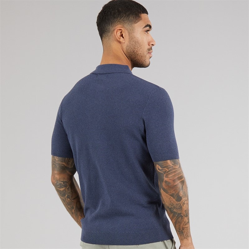 THREADBARE Mens Douglas Knitted Polo Shirt Denim Marl - Image 2