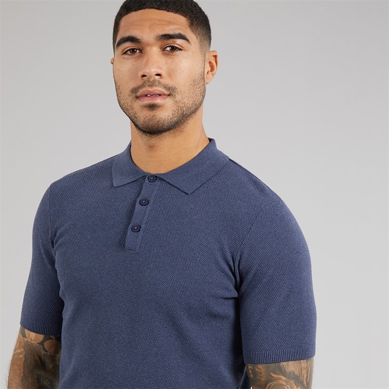 THREADBARE Mens Douglas Knitted Polo Shirt Denim Marl - Image 3