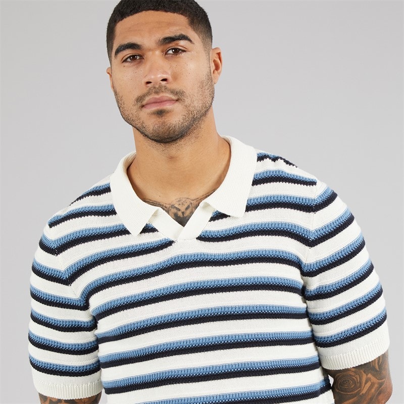 THREADBARE Mens Knitted Trophy Polo Shirt Ecru - Image 3