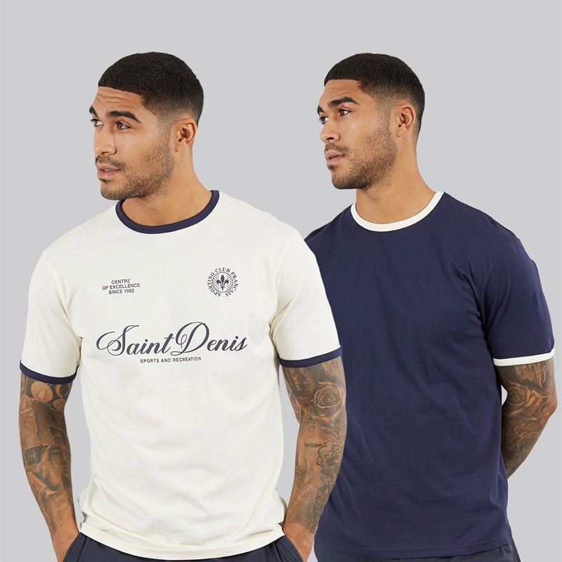 THREADBARE Mens Yaris Two Pack Ringer T-Shirts Off White/Navy - Image 1