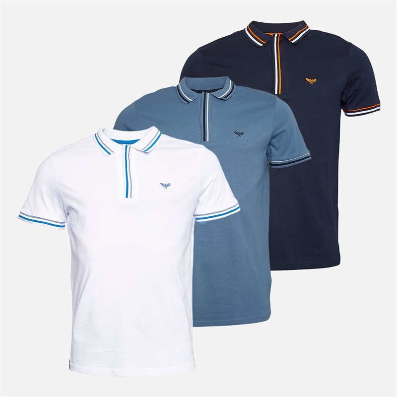 THREADBARE Mens Croswell Three Pack Polo Shirts Navy/Denim Blue/White - Image 1