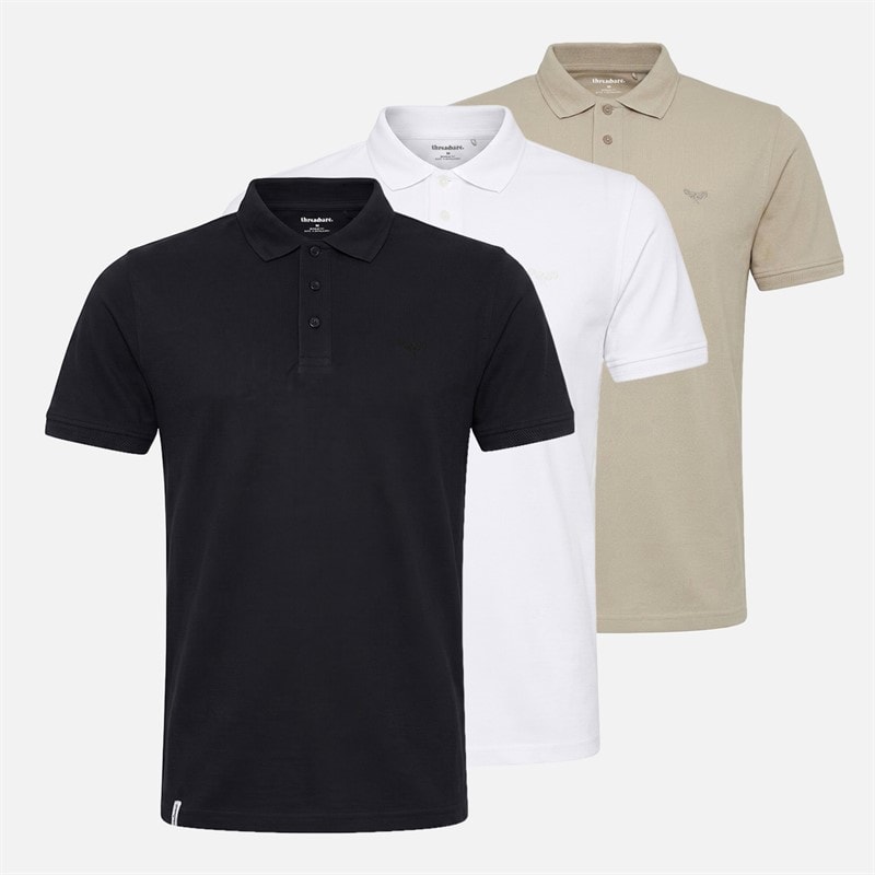 THREADBARE Mens Horwich Three Pack Polo Shirts Black/Stone/White