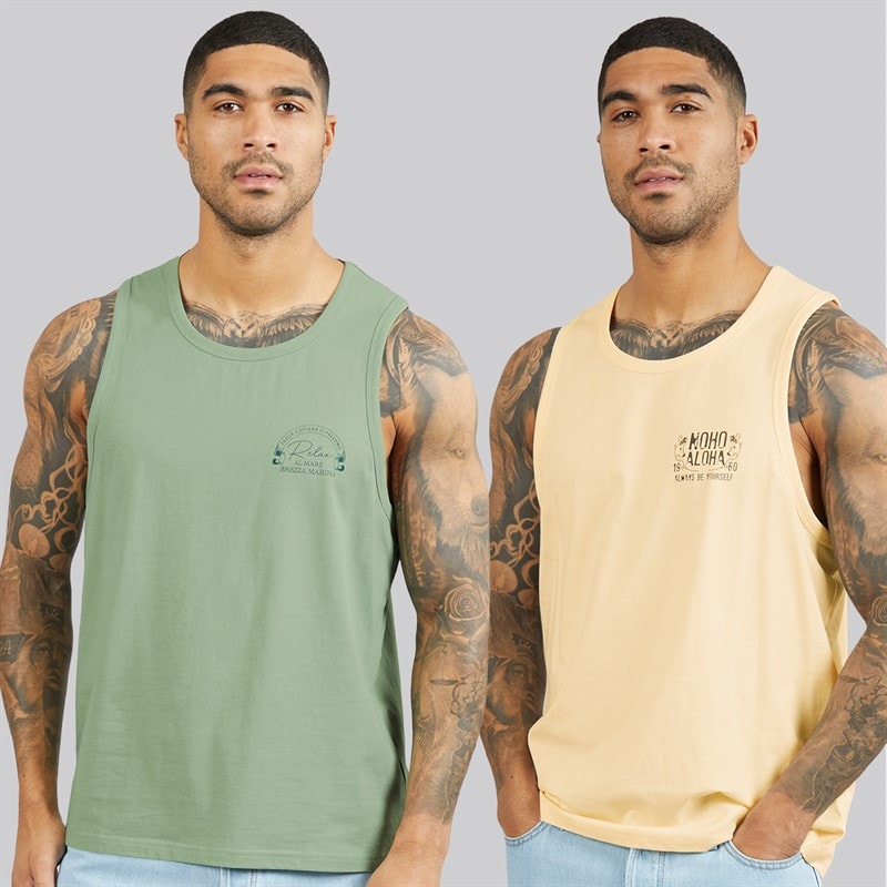 THREADBARE Mens Onda Ringer Two Pack Vests Sage/Ecru - Image 1