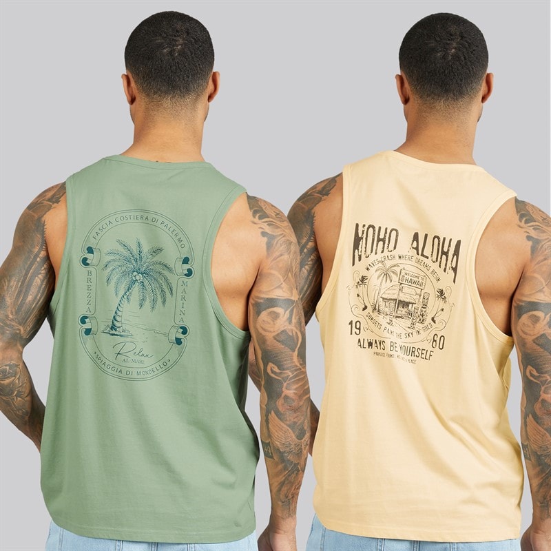 THREADBARE Mens Onda Ringer Two Pack Vests Sage/Ecru - Image 2