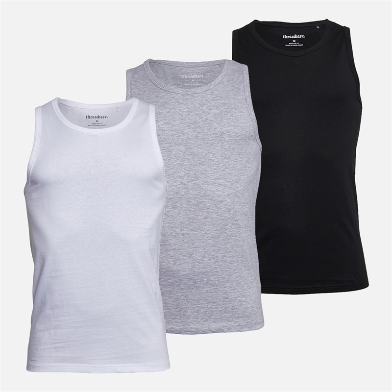 THREADBARE Mens Kyler Three Pack Vests Black/White/Grey Marl - Image 1