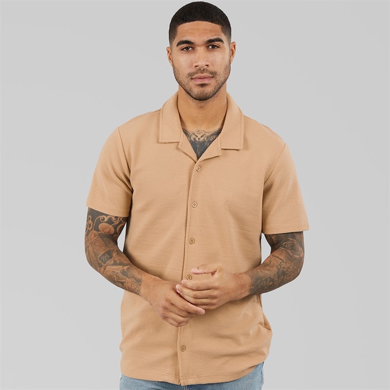 THREADBARE Mens Emblre Short Sleeve Shirt Stone