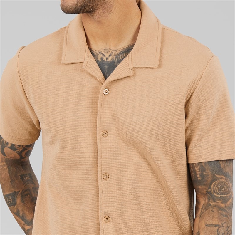 THREADBARE Mens Emblre Short Sleeve Shirt Stone - Image 3