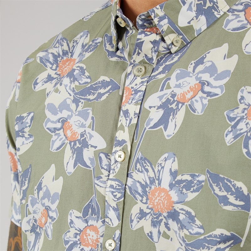 THREADBARE Mens Bell Short Sleeve Shirt Sage - Image 3