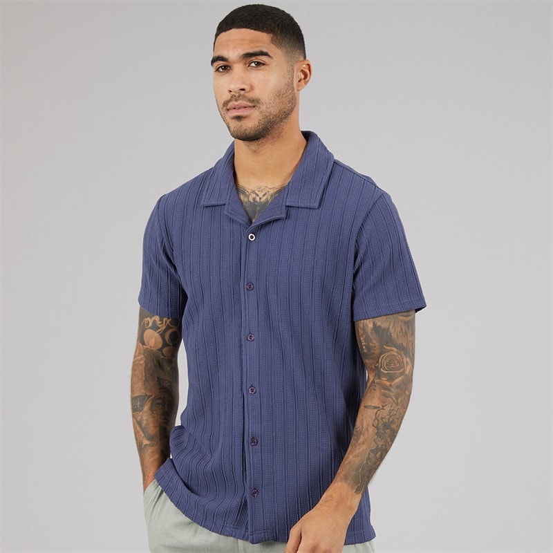 THREADBARE Mens Cam Short Sleeve Shirt Deni Blue