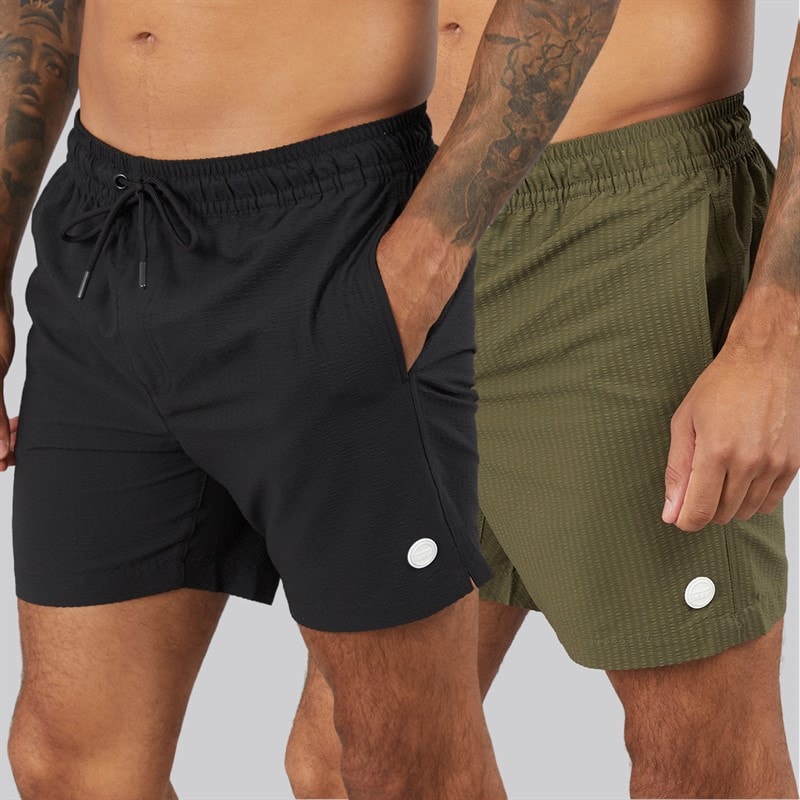 THREADBARE Mens Roly Two Pack Swim Shorts Black/Khaki - Image 1
