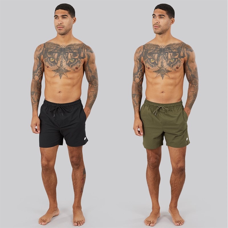 THREADBARE Mens Roly Two Pack Swim Shorts Black/Khaki - Image 4