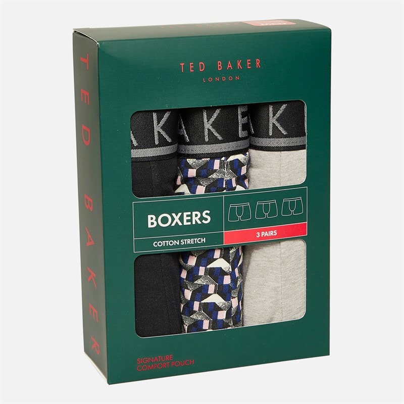 Ted Baker Mens Three Pack Boxers Heather Grey/Retro Geo Blue/Black - Image 2