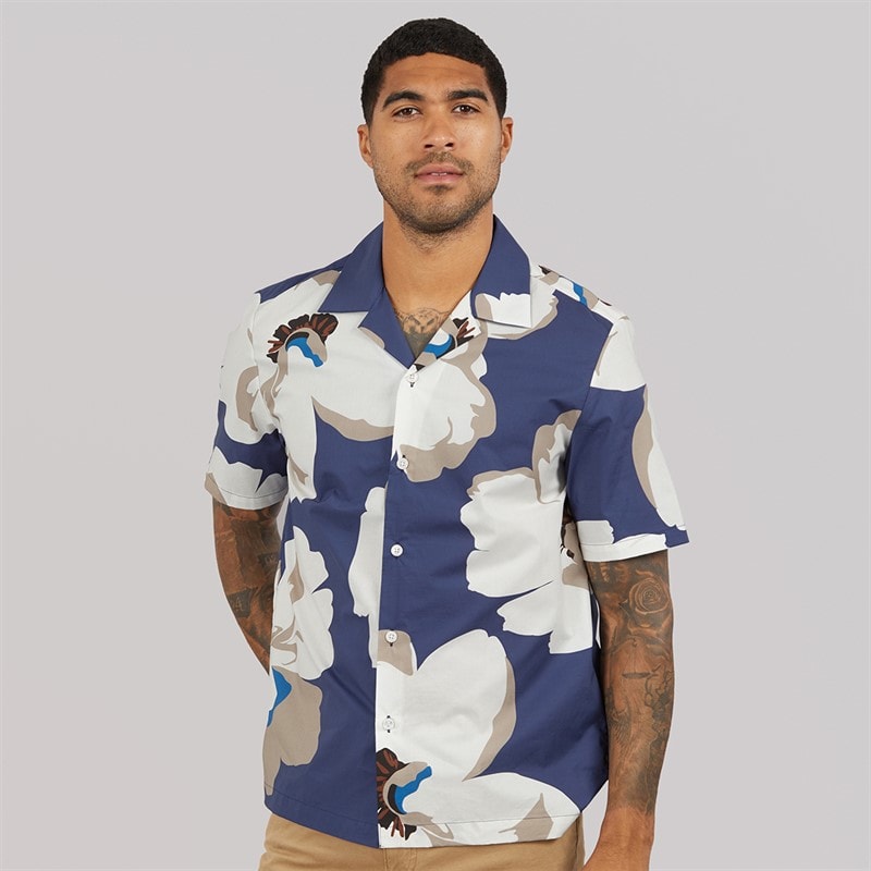 Ted Baker Mens Hebbden Short Sleeve Relaxed Floral Shirt Dark Blue - Image 3