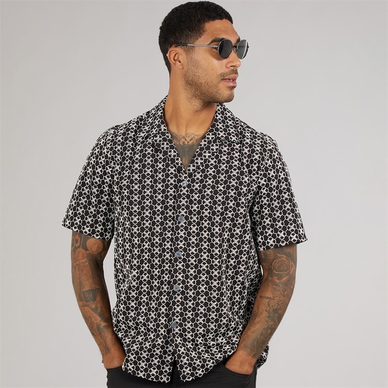 Ted Baker Mens Finlays Short Sleeve Relaxed Embroidered Shirt Black
