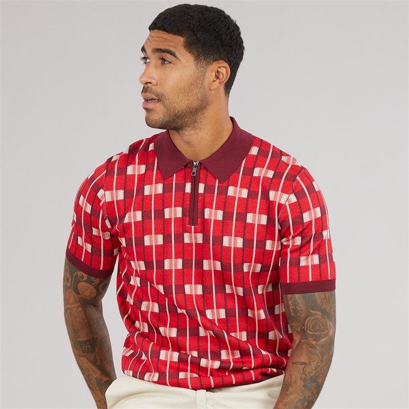 Ted Baker Mens Airon Zip Neck Jacquard Polo Shirt Red