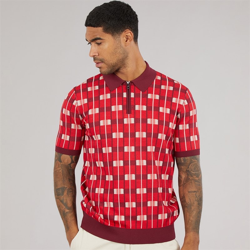 Ted Baker Mens Airon Zip Neck Jacquard Polo Shirt Red - Image 3