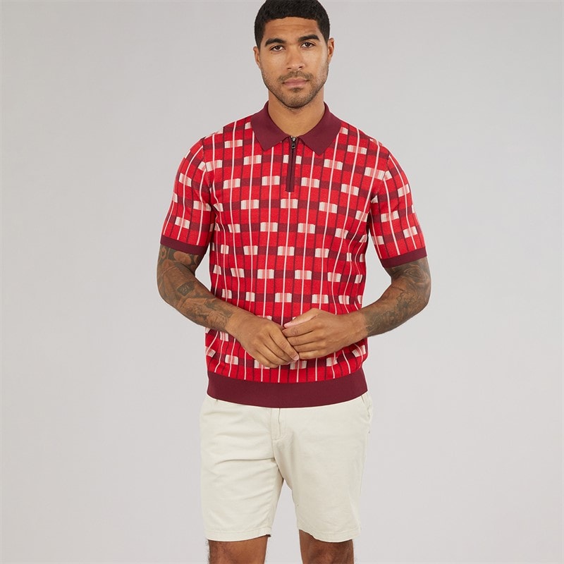 Ted Baker Mens Airon Zip Neck Jacquard Polo Shirt Red - Image 5