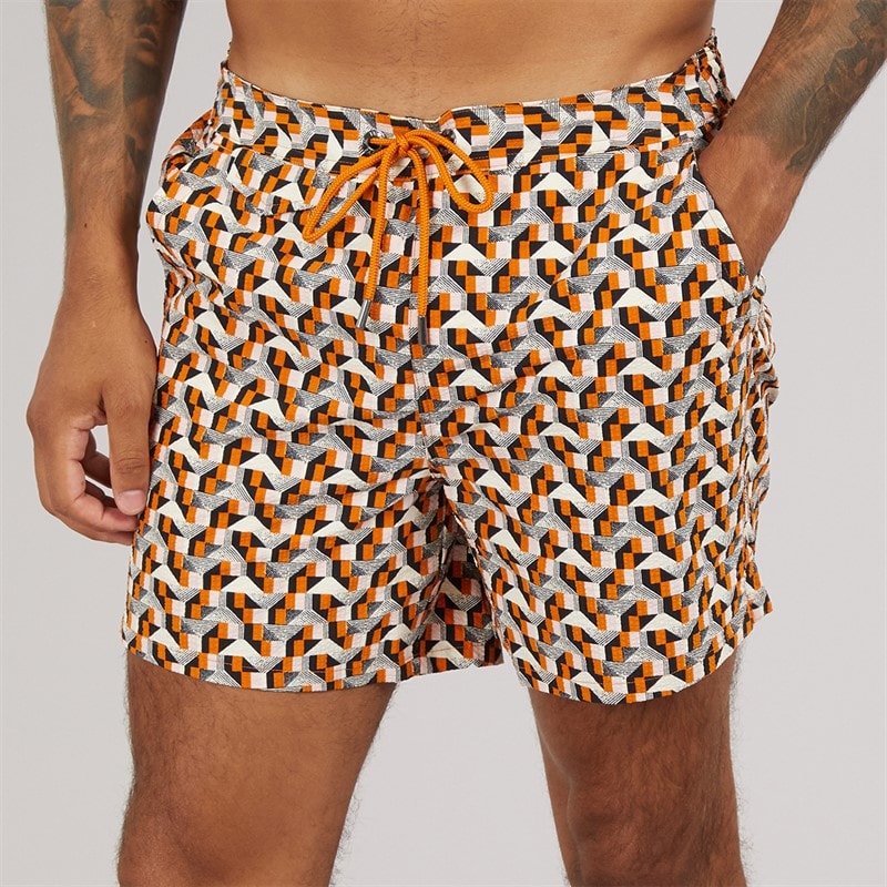 Ted Baker Mens Joris Geometric Seersucker Swim Shorts Burnt Orange