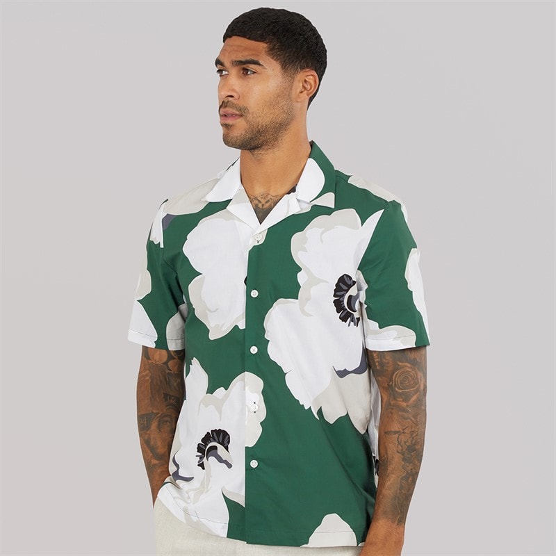Ted Baker Mens Hebbden Short Sleeve Relaxed Floral Shirt Dark Green - Image 3
