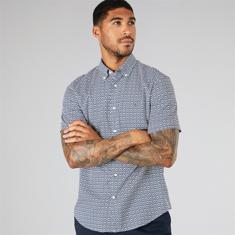 Tommy Hilfiger Mens Lightweight Geo Short Sleeve Shirt Night Sky/Ivory Silk - Image 1