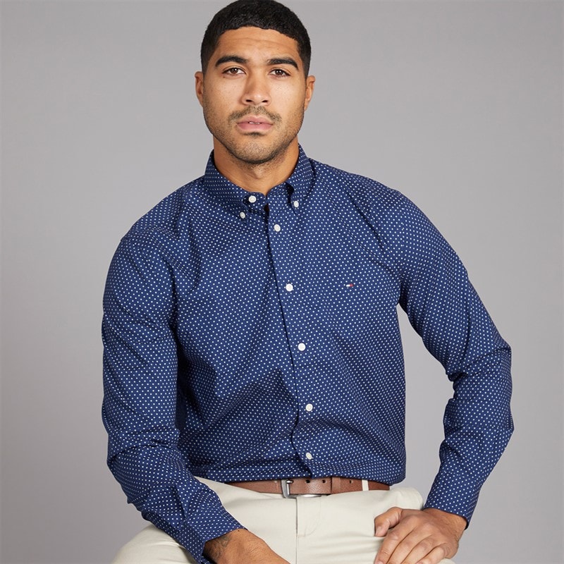Tommy Hilfiger Mens Flex Poplin Shirt Preppy Navy/Newsprint