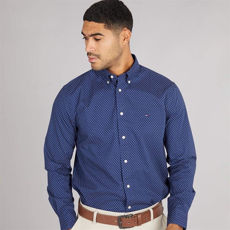 Tommy Hilfiger Mens Flex Poplin Shirt Preppy Navy/Newsprint - Image 3