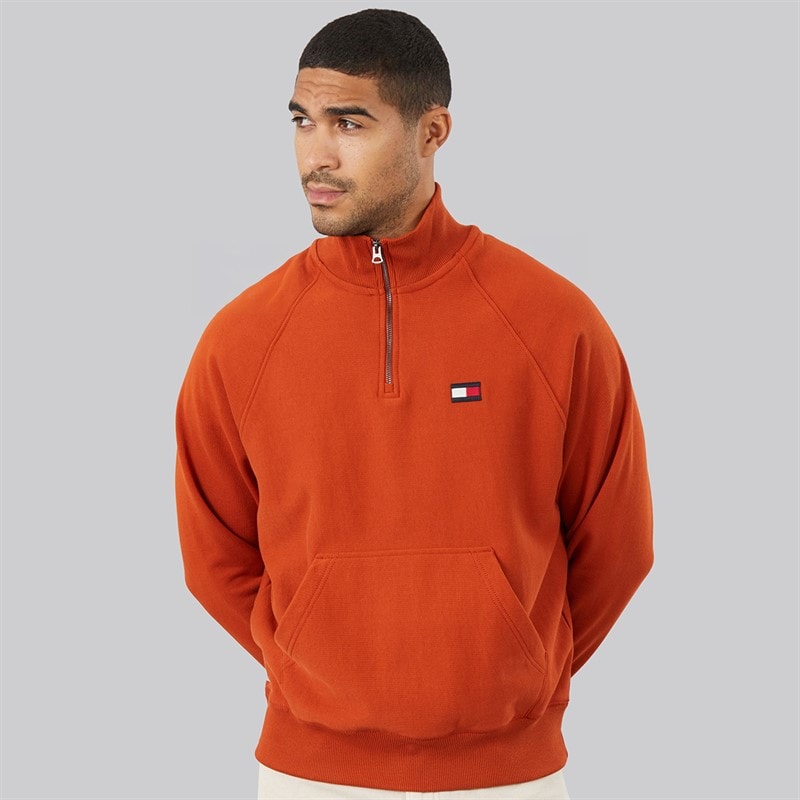 Tommy Hilfiger Mens Tommy Flag Elevated 1/4 Zip Sweatshirt Rusty Ochre - Image 3