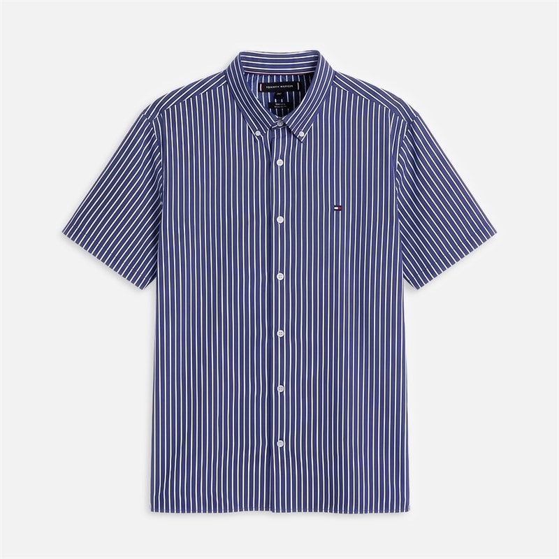 Tommy Hilfiger Mens Plus Flex Poplin Stripe Short Sleeve Shirt Wedge Blue/Stripe