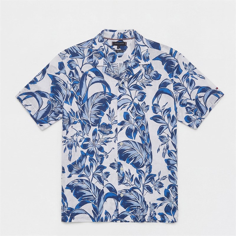 Tommy Hilfiger Mens Plus Linen Floral Short Sleeve Shirt White/Allover