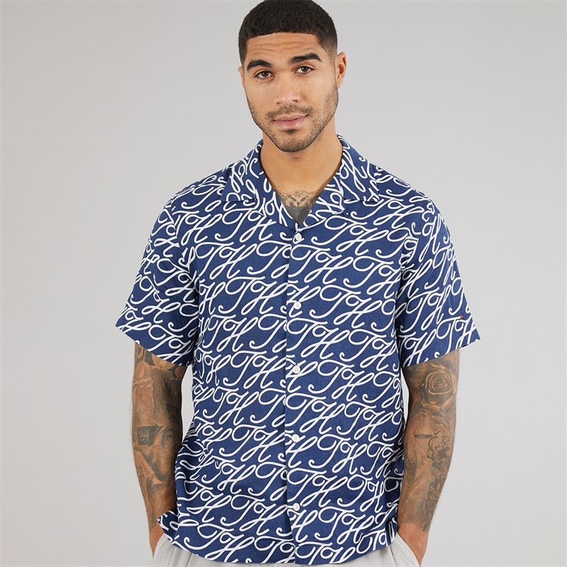Tommy Hilfiger Mens Linen Camp Collar Short Sleeve Shirt Preppy Navy/Allover