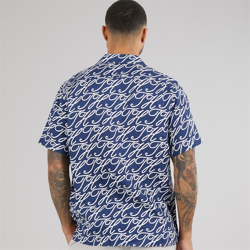 Tommy Hilfiger Mens Linen Camp Collar Short Sleeve Shirt Preppy Navy/Allover - Image 2