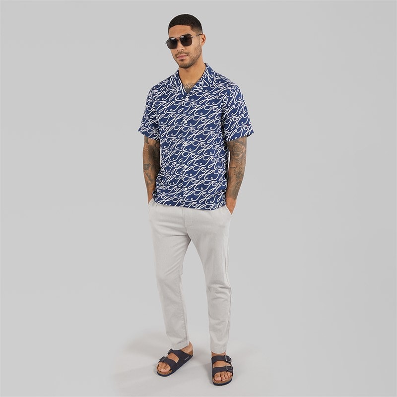 Tommy Hilfiger Mens Linen Camp Collar Short Sleeve Shirt Preppy Navy/Allover - Image 3