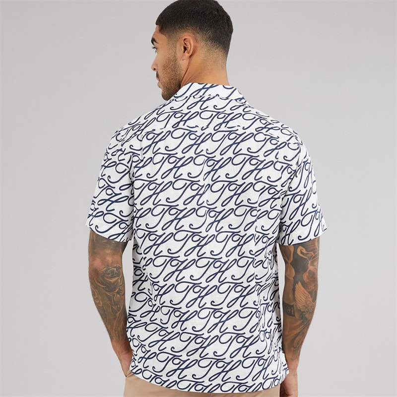 Tommy Hilfiger Mens Linen Camp Collar Short Sleeve Shirt Ecru/Allover - Image 2