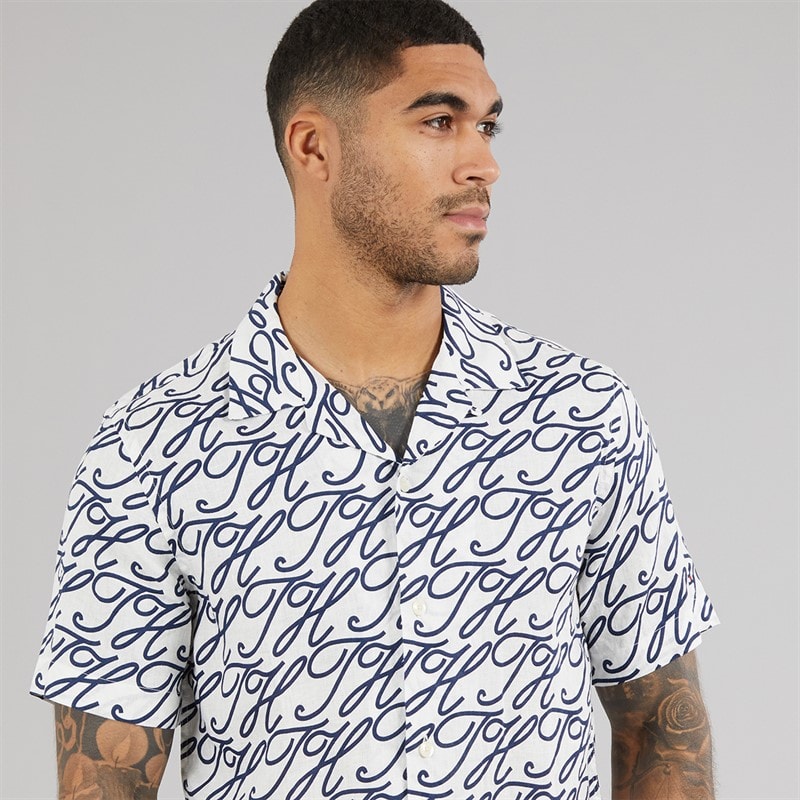 Tommy Hilfiger Mens Linen Camp Collar Short Sleeve Shirt Ecru/Allover - Image 3