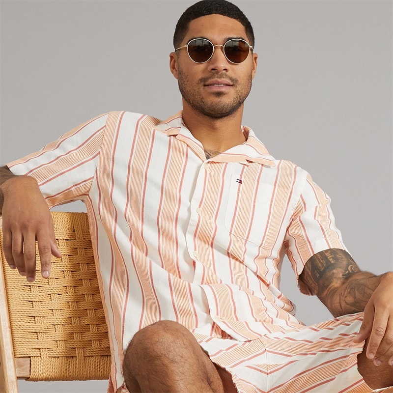 Tommy Hilfiger Mens Open Structure Short Sleeve Shirt Brilliant Orange/Stripe - Image 1