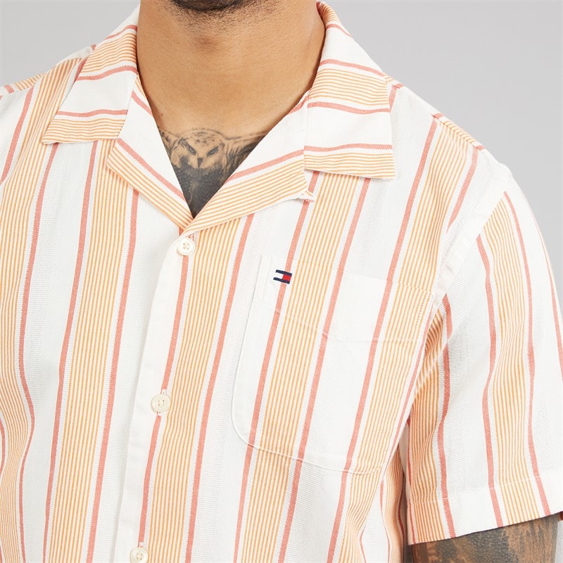 Tommy Hilfiger Mens Open Structure Short Sleeve Shirt Brilliant Orange/Stripe - Image 3