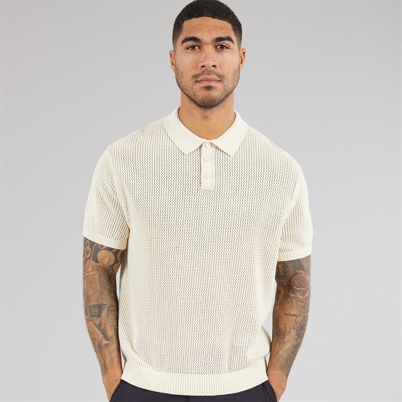 Tommy Hilfiger Mens Open Knit Polo Shirt Muslin