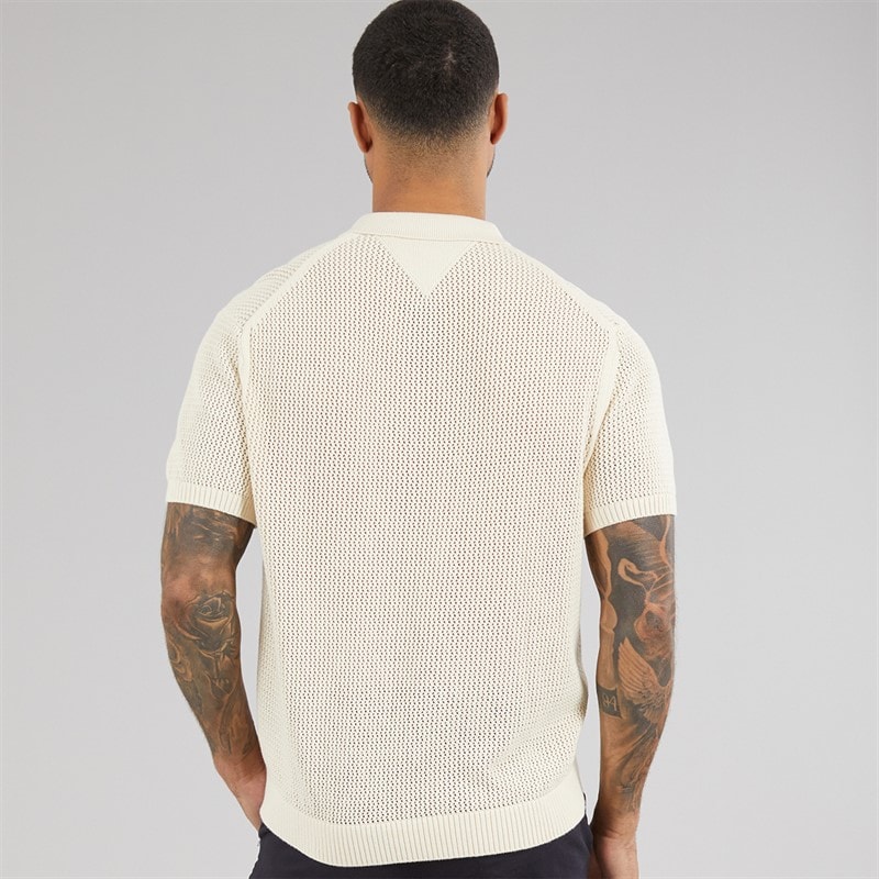Tommy Hilfiger Mens Open Knit Polo Shirt Muslin - Image 2