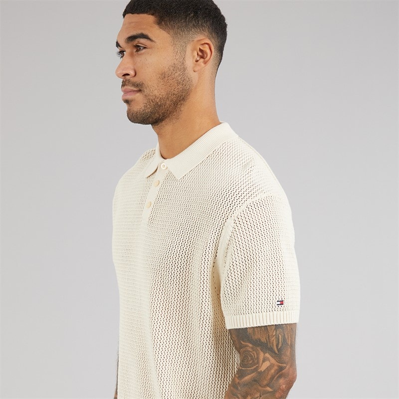Tommy Hilfiger Mens Open Knit Polo Shirt Muslin - Image 3