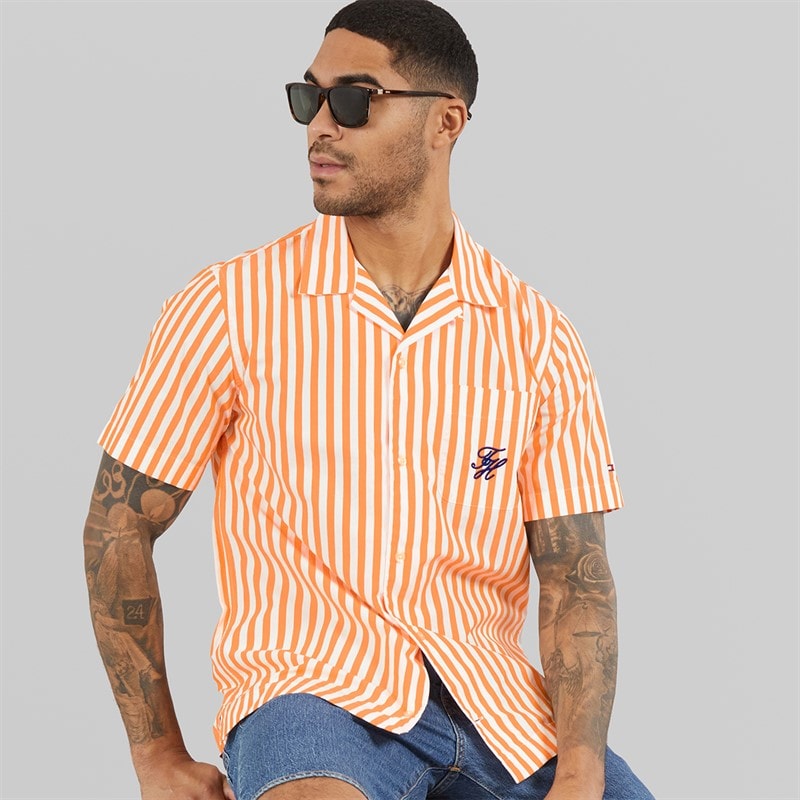 Tommy Hilfiger Mens Papertouch Pop Short Sleeve Shirt Orange Hype/Stripe