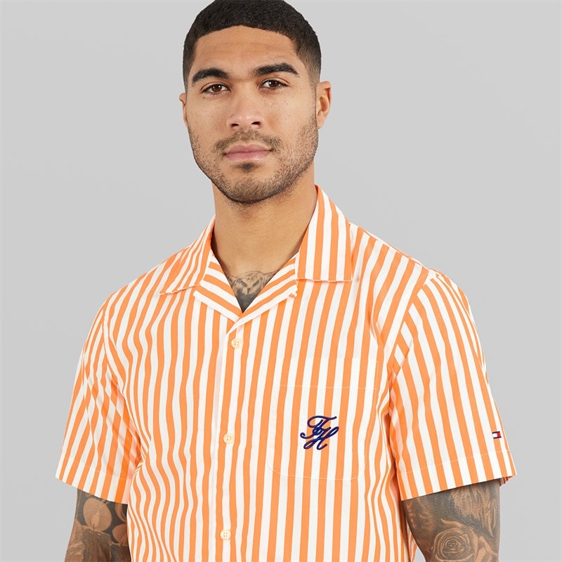 Tommy Hilfiger Mens Papertouch Pop Short Sleeve Shirt Orange Hype/Stripe - Image 3